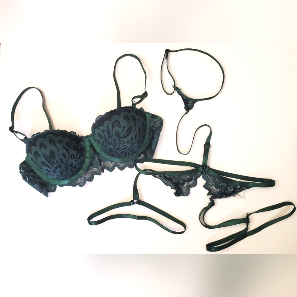 Emerald Green Lace Bra and Strap Body Suit - Size M